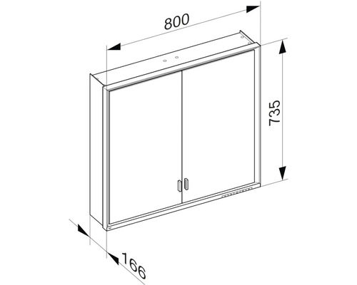 Technický nákres zrkadlovej skrinky s rozmermi 800 x 735 x 166 mm.