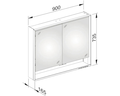 Technický nákres zrkadlovej skrinky s rozmermi