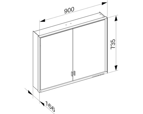 Technický nákres zrkadlovej skrinky s rozmermi 900 x 735 x 166 milimetrov.