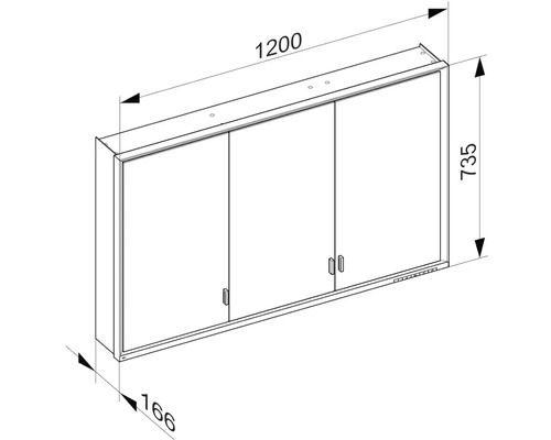 Technický nákres zrkadlovej skrinky s rozmermi 1200 x 735 x 166 mm