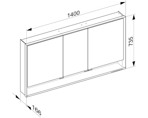 Technický výkres zrkadlovej skrinky s rozmermi.