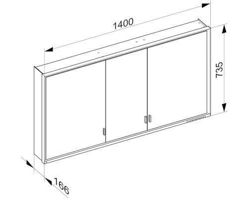 Technický nákres zrkadlovej skrinky s tromi dvierkami a rozmermi.