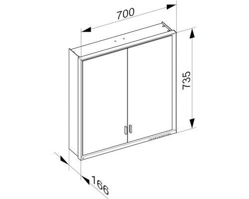 Technický nákres zrkadlovej skrinky s uvedením šírky 700 milimetrov, výšky 735 milimetrov a hĺbky 166 milimetrov