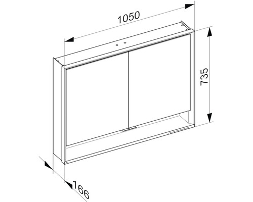 Technický nákres zrkadlovej skrinky s rozmermi.