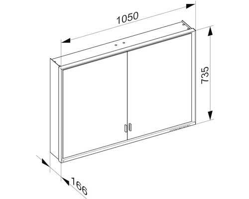 Technický nákres zrkadlovej skrinky s rozmermi 1050x735x166 mm.
