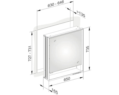 Technický nákres zrkadlovej skrinky s rozmermi