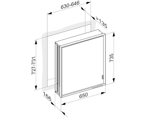 Technický nákres zrkadlovej skrinky s rozmermi.