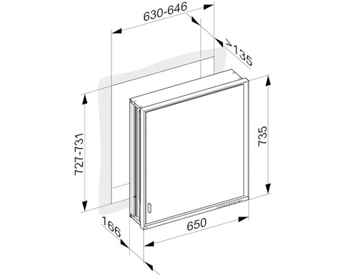 Technický nákres zrkadlovej skrinky s rozmermi