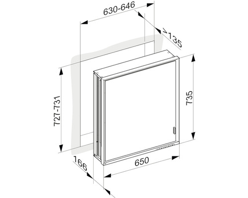 Technický nákres zrkadlovej skrinky s rozmermi