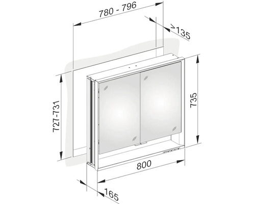 Technický nákres zrkadlovej skrinky s rozmermi