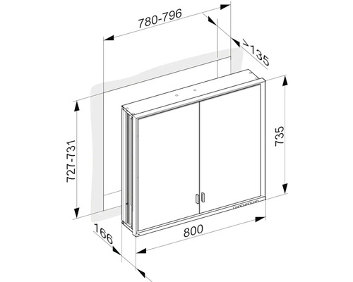 Technický nákres zrkadlovej skrinky s rozmermi