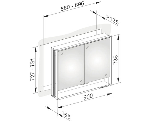 Technický nákres zrkadlovej skrinky s rozmermi.