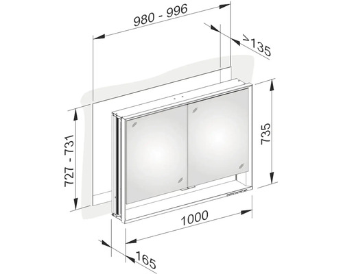 Technický nákres zrkadlovej skrinky s rozmermi
