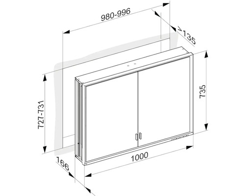 Rozmerový nákres zrkadlovej skrinky s dvomi dvierkami a rôznymi rozmermi.