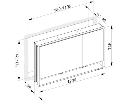 Technický nákres zrkadlovej skrinky s rozmermi