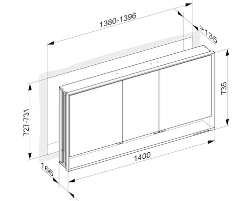 Technický nákres zrkadlovej skrinky s rozmermi