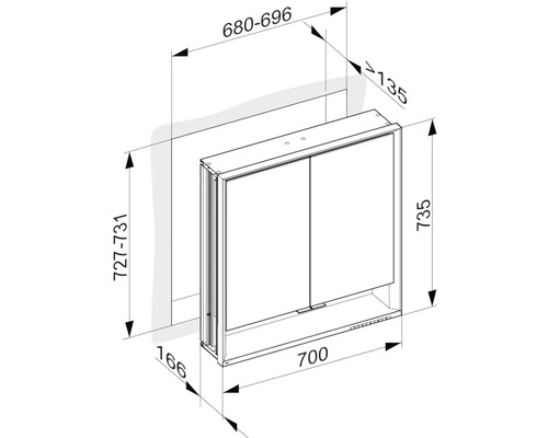 Technický nákres zrkadlovej skrinky s rozmermi
