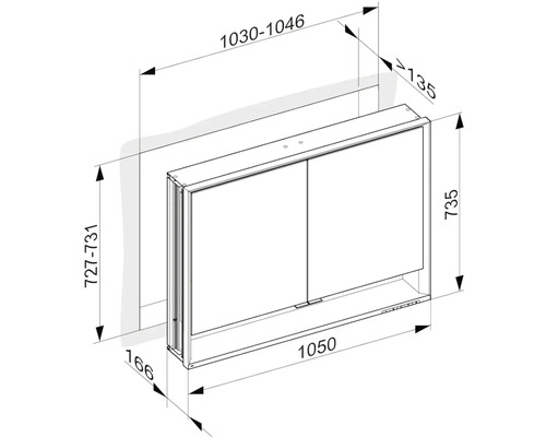 Technický nákres zrkadlovej skrinky s rozmermi