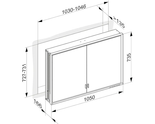 Technický výkres zrkadlovej skrinky s rozmermi.