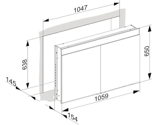 Technický nákres zrkadlovej skrinky s rozmermi