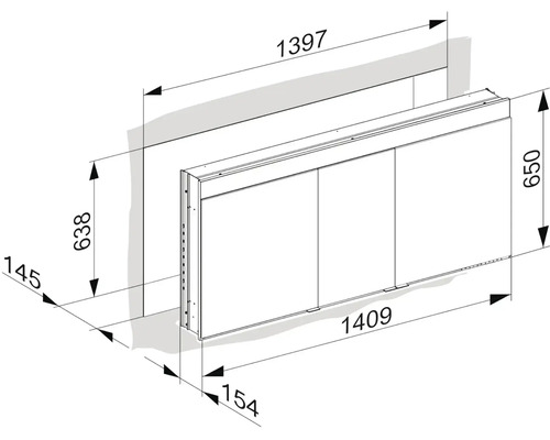 Technický výkres zrkadlovej skrinky s rozmermi