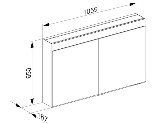 Technický nákres závesnej skrinky s rozmermi 1059 x 650 x 167 milimetrov.
