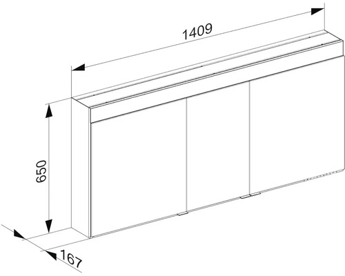 Technický nákres skrinky pod umývadlo s rozmermi 1409, 650 a 167.
