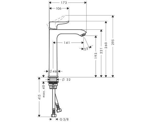 Technický nákres umývadlovej batérie s rozmermi
