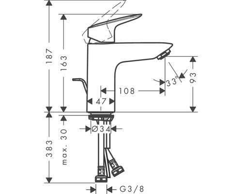 Technický nákres vodovodnej batérie s rozmermi