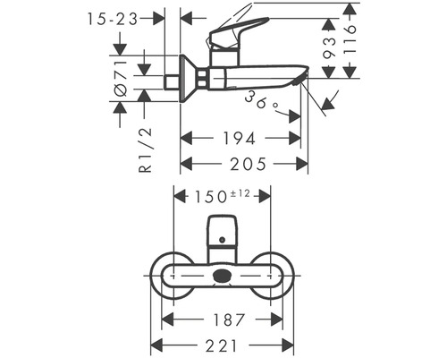 Technický nákres armatúry s rozmermi