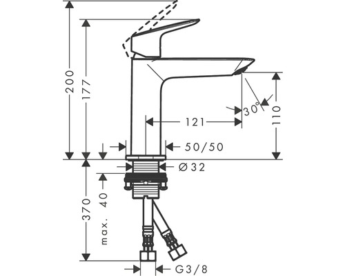 Technický nákres umývadlovej batérie s rozmermi