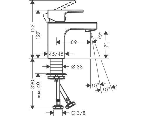 Technický nákres vodovodnej batérie s rozmermi