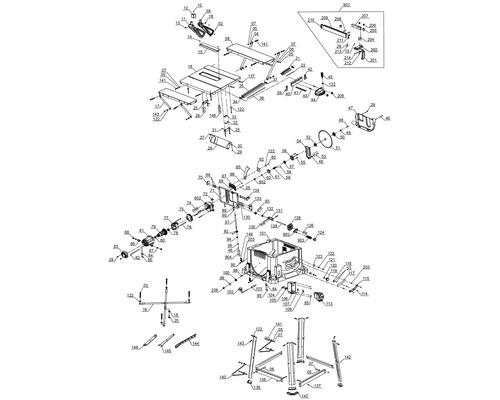 Rozkreslený nákres stolovej píly, znázorňujúci usporiadanie a vzťahy jednotlivých komponentov.