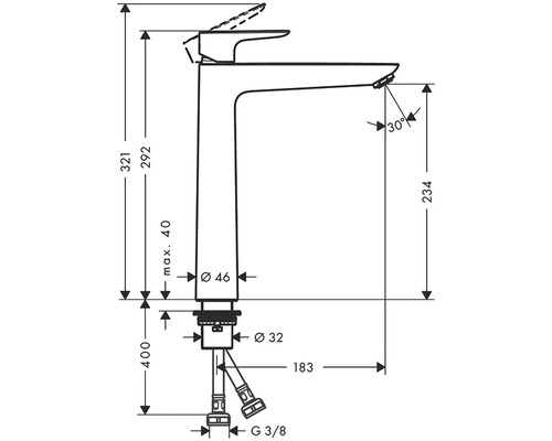 Technický nákres vodovodnej batérie s rozmermi