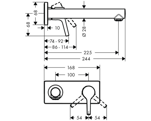 Rozmerový nákres umývadlovej batérie na montáž na stenu s rozmermi