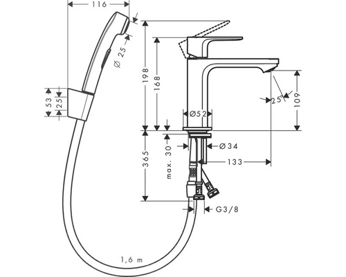 Rozmerový nákres umývadlovej batérie s ručnou sprchou