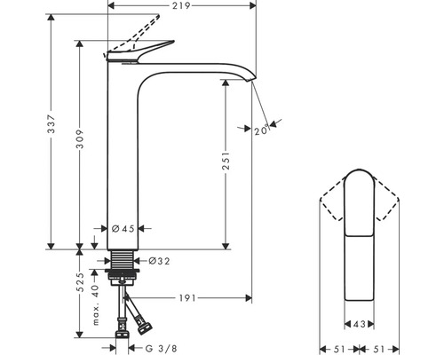 Technický nákres umývadlovej batérie s rozmermi.