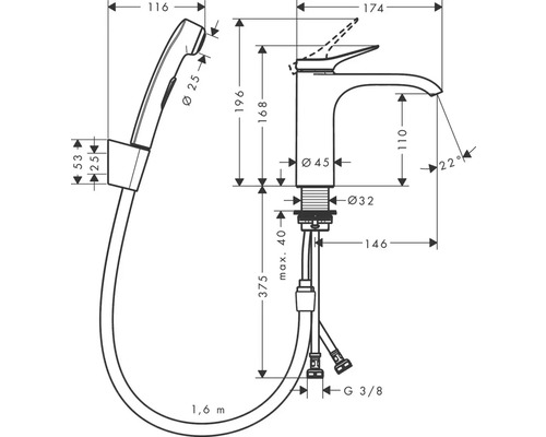 Technický nákres umývadlovej batérie s ručnou sprchou a rozmermi