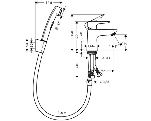 Rozmerový nákres umývadlovej batérie so sprchovou hadicou a ručnou sprchou.