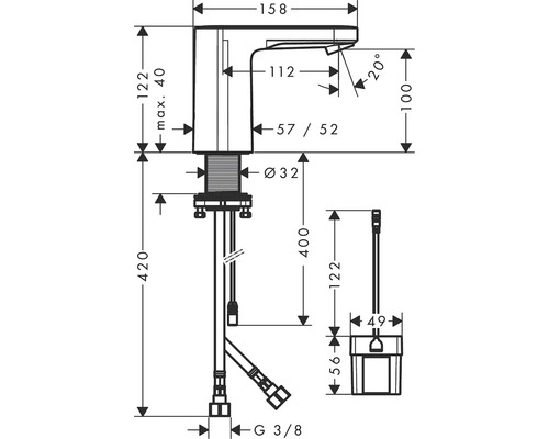 Technický nákres vodovodnej batérie s rozmermi