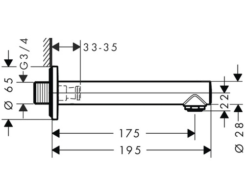Technický nákres nástenného výtoku s rozmermi