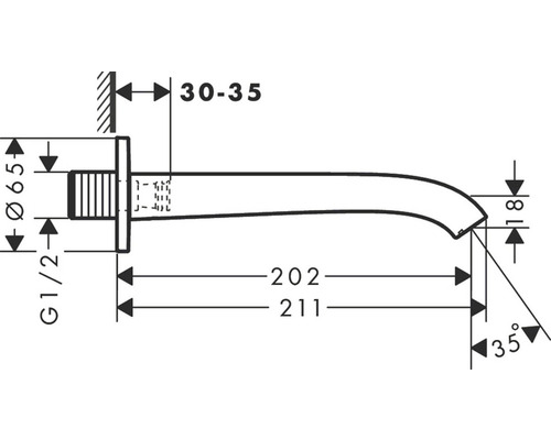 Technický nákres nástenného výtoku s rozmermi