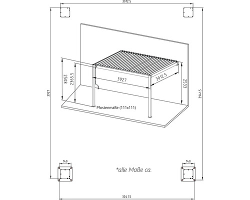 Technický nákres zastrešenia terasy s rozmermi