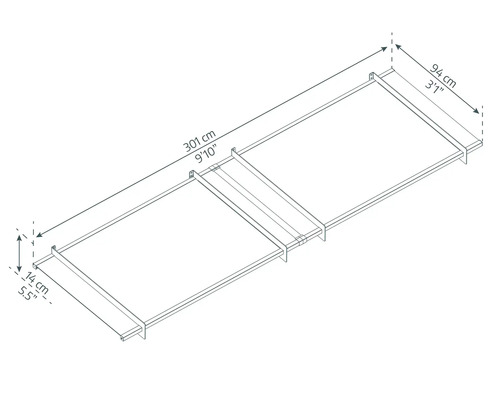 Technický nákres podstavca s rozmermi 301 x 94 x 14 centimetrov