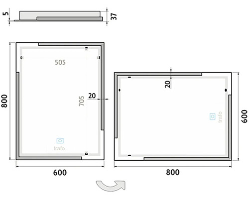 Technický nákres zrkadla s rozmermi 600 x 800 mm a 800 x 600 mm