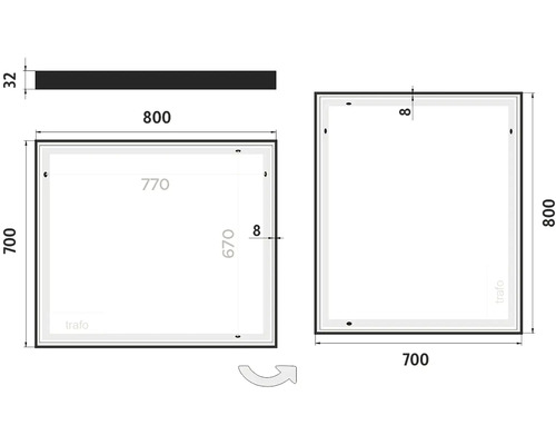 Technický nákres zrkadlovej skrinky s rozmermi