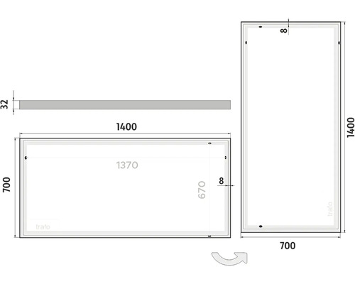 Technický nákres zrkadla s rozmermi 1400 x 700 mm.
