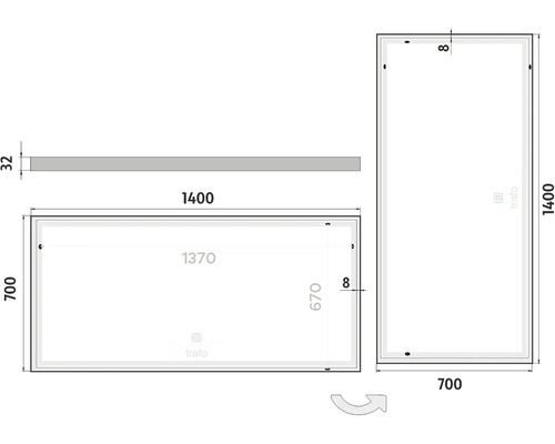 Technický nákres zrkadla s rozmermi 1400 x 700 mm.