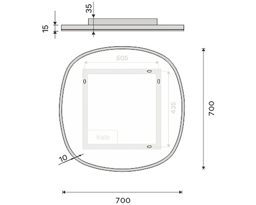 Technický nákres zrkadla s rozmermi.