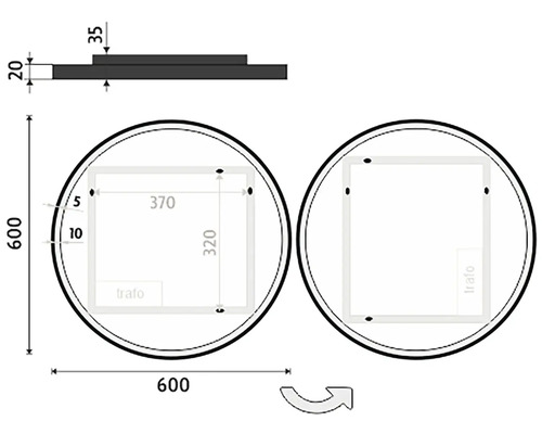 Technický nákres okrúhleho zrkadla s rozmermi